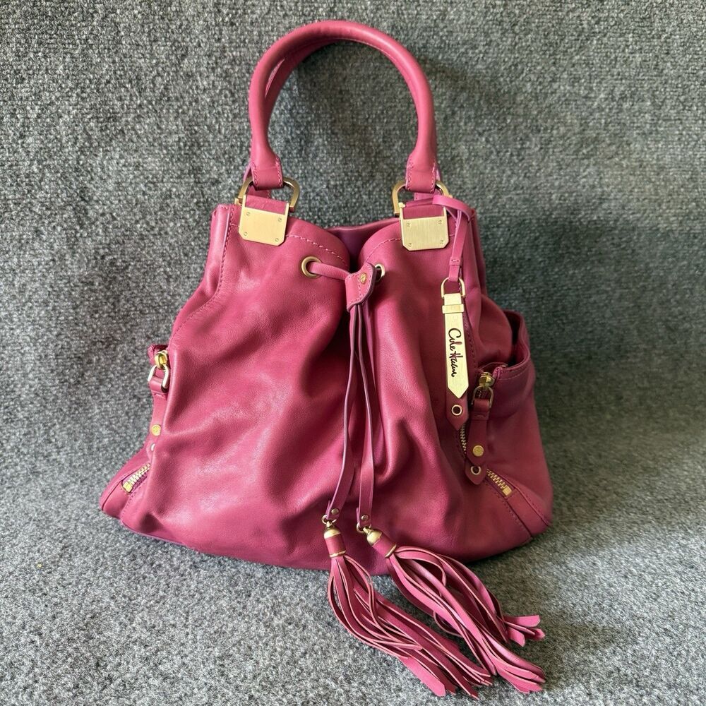 Cole Haan Pink Drawstring Bucket Bag Tassel Bag Charm Zip Closure Gold Hardware